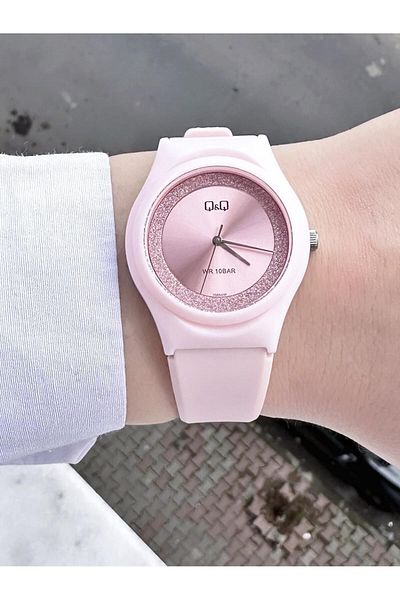 Q&Q White Silicone, Glitter Detailed Plastic Framed Dial Striped Analog Wristwatch