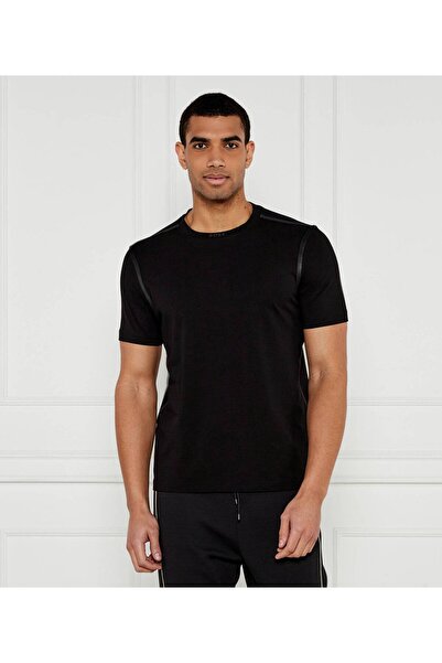 BOSS Erkek Slim Fit Pamuklu Bisiklet Yaka Şerit Tasarımlı Kısa Kollu Siyah T-...