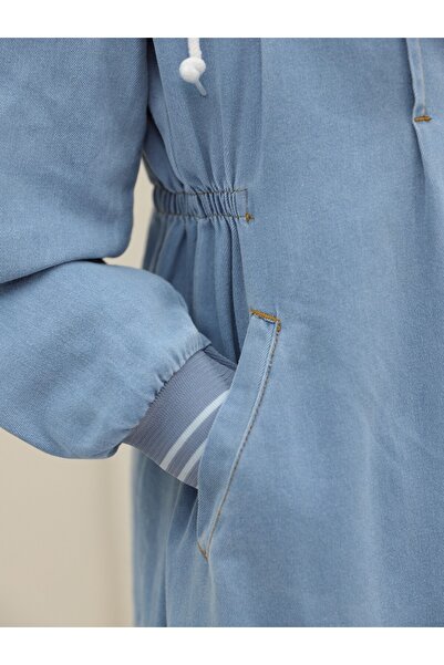 Modamorfo Önü Pliseli Yanı Lastikli Kapşonlu Kot Kap -açık Mavi