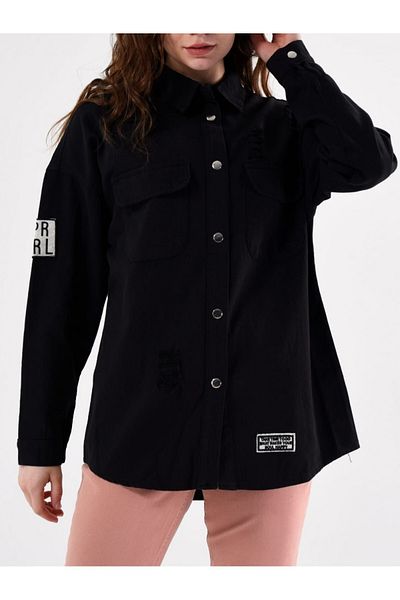 Modamorfo Jeansjacke mit Druckknopfverschluss und doppelter Tasche – Schwarz