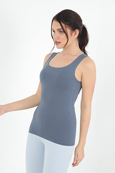 CİDDE Dark Grey Basic Square Neck Lycra Tank Top - Thick Straps Sleeveless