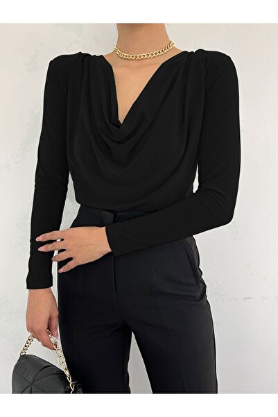 Modamorfo Black Sendy Blouse - Draped Collar