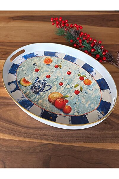 Panoramas Home Altın Yaldız Kenar Beyaz Mavi Dama Desen Lüks Büyük Oval Servis Çay Kahve Sunum Tepsisi