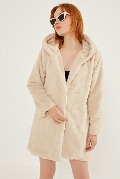 MEECY Γυναικείο Γούνινο Παλτό Κρεμ Λούτρινο με Κουκούλα