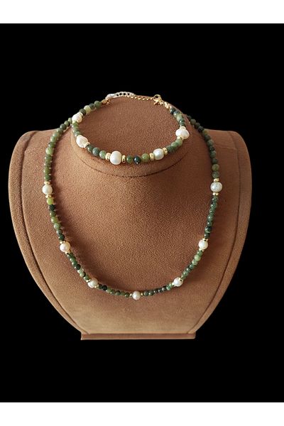 AYTENS TAKI Natural Jade and Natural Pearl Necklace Bracelet Set