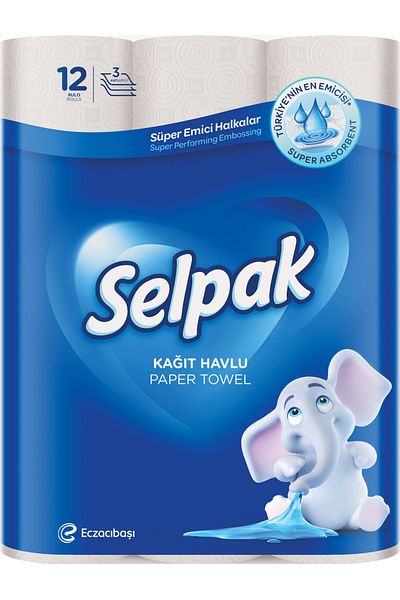 Selpak Super Absorbent Kitchen Paper Towel - 3 Ply - 12 Rolls