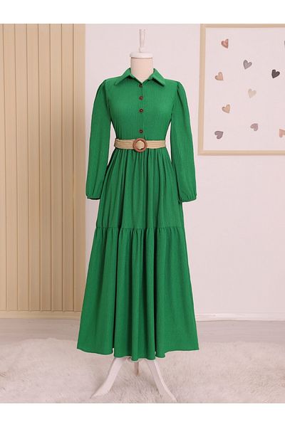 Modamorfo Rochie verde Crinkle - împodobită, cu jumătate de nasturi și curea