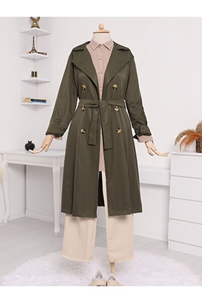 Modamorfo Çift Düğme Kemerli Uzun Trenckot -haki