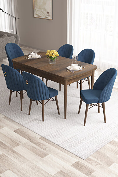 Canisa Roz Serisi 80x132 Mdf Açılabilir Barok Ahşap Desen Masa Takımı 6 Lacivert Sandalye