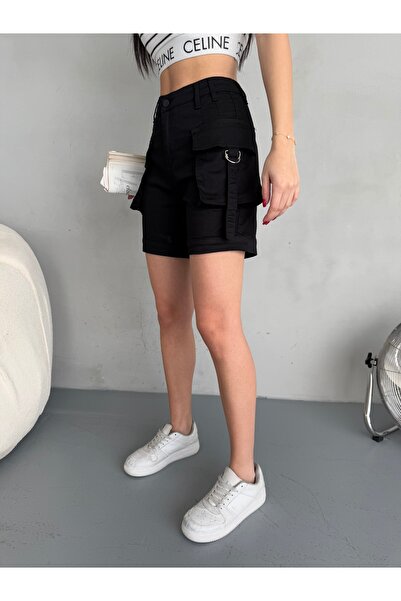alanora Kadın Yüksek Bel Pamuk/Likra Kargo Cepli Toka Detaylı Esnek Şort