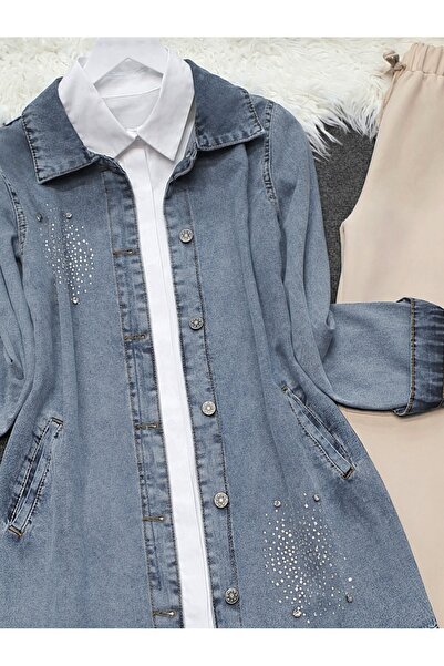 Modamorfo Джинсова куртка з подвійними кишенями та каменем на грудях - Крижано-блакитна