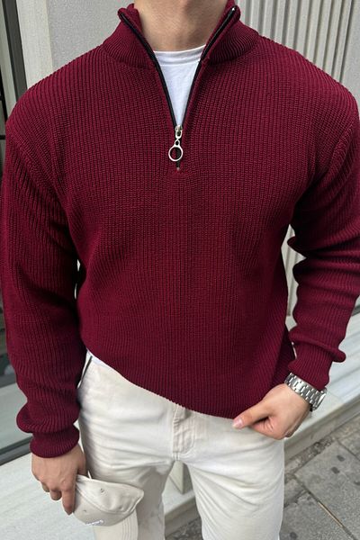 Livio Ferri Thick and Half Zippered Men's Knitwear Sweater - Stand Collar