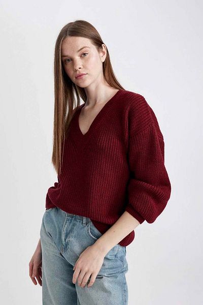 DeFacto Burgunderfarbener Damen-Strickpullover mit V-Ausschnitt in Übergröße – Z7135az/br466
