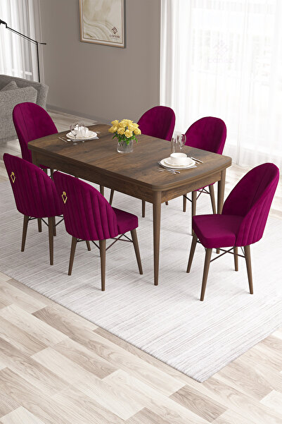 Canisa Roz Serisi 80x132 Mdf Açılabilir Barok Ahşap Desen Masa Takımı 6 Mürdüm Sandalye