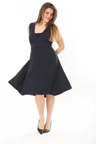 Şans Γυναικείο μεγάλο νούμερο Navy Blue τυλιγμένο γιακά πίσω ελαστική μέση αμάνικο Lycra Viscose φόρεμα 65N37872