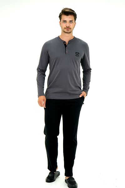 D'S Damat Anthracite Long Sleeve Pajamas - Half Placket Tk.