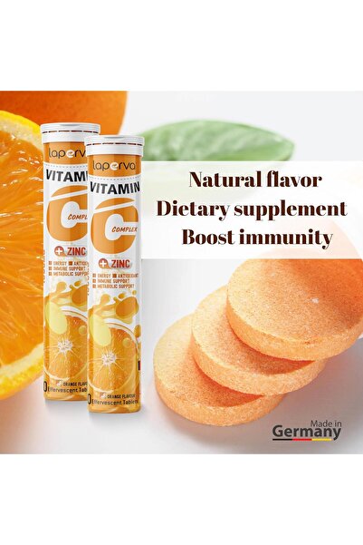 Laperva فيتامين سي المركب مع الزنك، 20 قرصًا فوارًا، برتقالي، لتعزيز جهاز المناعة