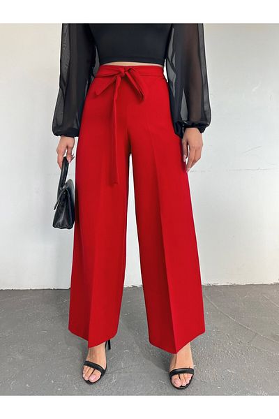 Modamorfo Double Wide Leg Trousers with Lace-Up Waist -Red