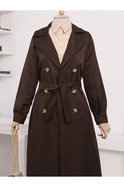 Modamorfo Çift Düğme Kemerli Uzun Trenckot -kahve