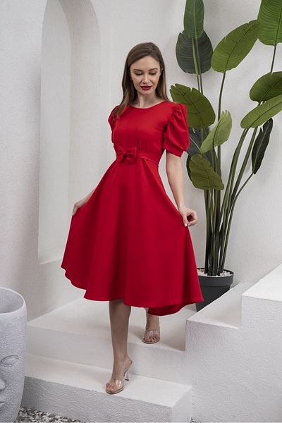 KÜÇÜĞÜM BUTİK RedMidiDress - görögdinnye ujjú és kiszélesedő részlet