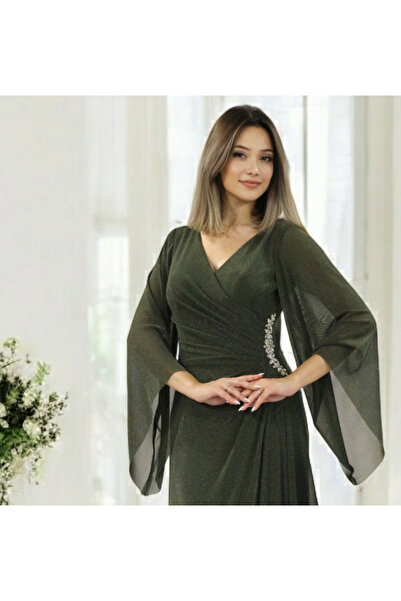 FaBe Fashion Uzun Şal Kollu V Yakalı Beli Taş Aksesuarlı Simli Örme Nişan Söz Abiye Elbisesi