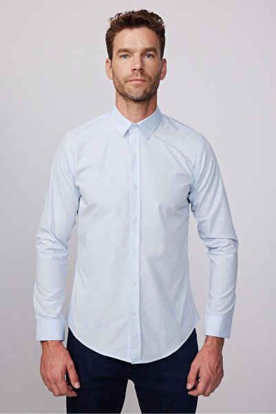 Tudors Erkek Slim Fit Dar Kesim Pamuklu Terry Cotton Kumaş Kolay Ütü Mavi Gömlek