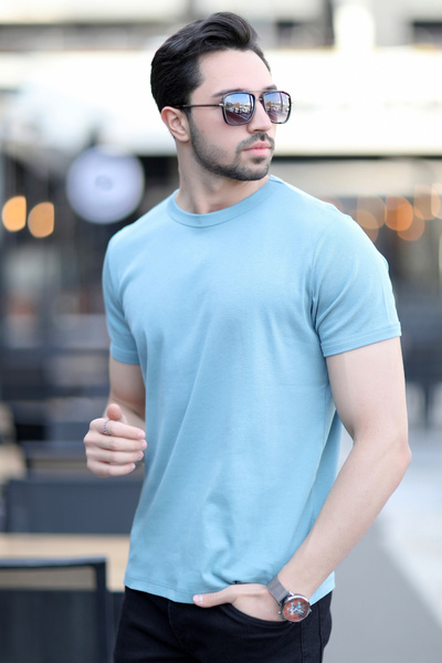 JB John Borners Tricou bărbați din bumbac cu nervuri cu guler rotund albastru deschis - 2143