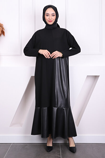 İmajButik Siyah Zincirli Deri Garnili Elbise