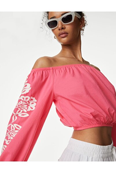 Marks & Spencer Saf Pamuklu Uzun Kollu Crop Bluz