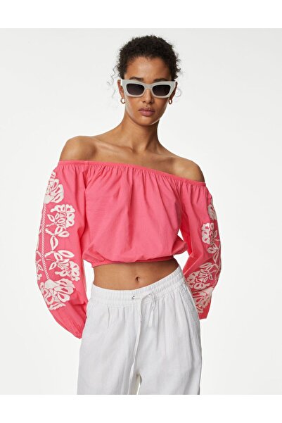 Marks & Spencer Saf Pamuklu Uzun Kollu Crop Bluz