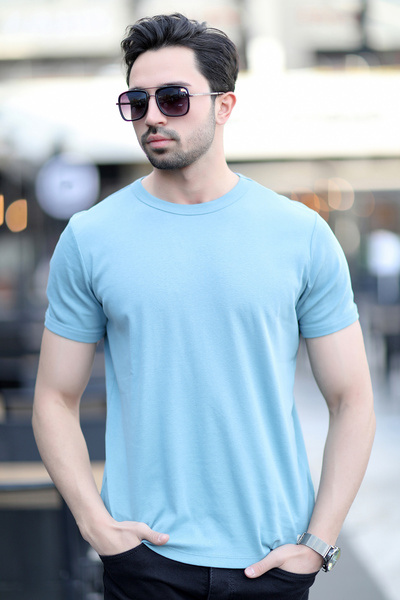 JB John Borners Tricou bărbați din bumbac cu nervuri cu guler rotund albastru deschis - 2143