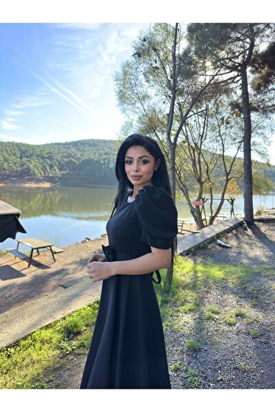 KÜÇÜĞÜM BUTİK Siyah Karpuz Kol Kloş Midi Boy Krep Elbise