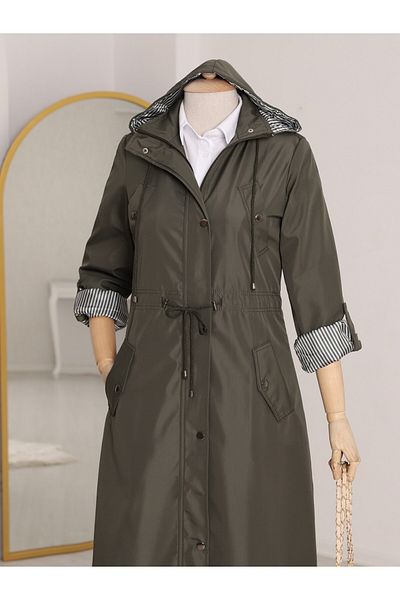 Modamorfo Khakifarbene, gestreifte, gefütterte Trenchcoat