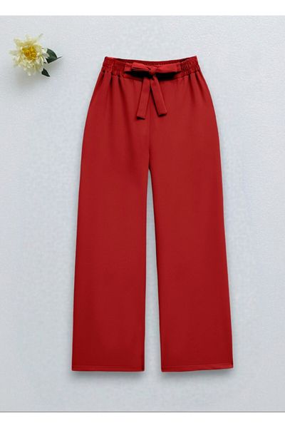 Modamorfo Double Wide Leg Trousers with Lace-Up Waist -Red