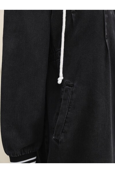 Modamorfo Önü Pliseli Yanı Lastikli Kapşonlu Kot Kap -siyah