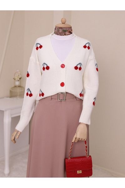 Modamorfo Ecrufarbene kurze Strickjacke mit Kirschmuster