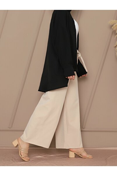 Modamorfo Bézs színű dupla széles szárú és fűzős deréknadrág