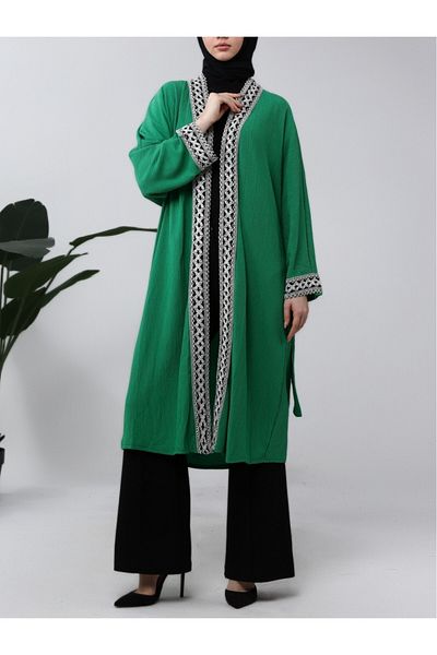Modamorfo Langer Kimono mit ethnischen Streifen und Schnürung