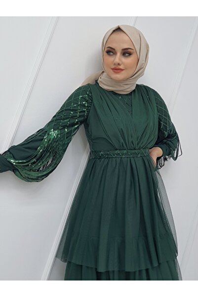 Modamorfo Flitrované tylové večerní šaty s rukávy