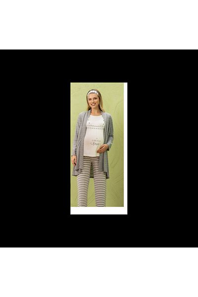 Reyhanlar Women's Summer Combed Cotton Long Sleeve Maternity Maternity Triple Set