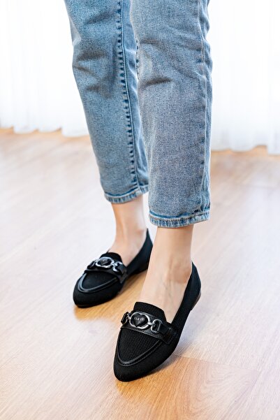 DİVOLYA Miu Black Buckle Detailed (1 cm Heeled) Pointed Toe Ballerinas