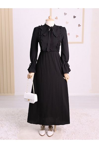 Modamorfo Front Ruffle Sleeve and Lace up Dress -Black