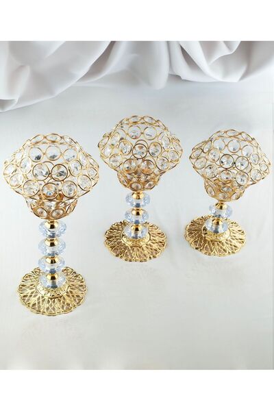 AKANAY HOME 3 LÜ KRİSTAL TAŞLI GOLD MEKİK ŞAMDAN