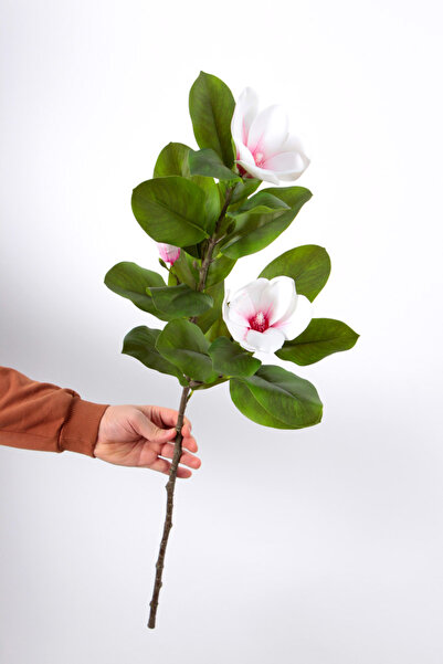 Yapay Çiçek Deposu Yapay Çiçek Lüx Islak Manolya Dalı 100 cm Beyaz-Fuşya