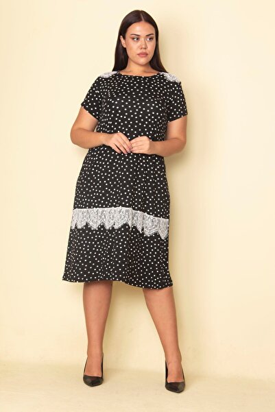Şans Women's Large Size Black Point Patterned Lace Detailed Woven Viscose Fabric Dress 65n28850
