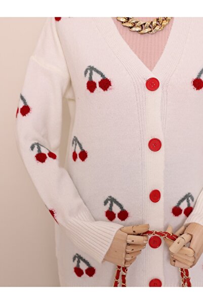 Modamorfo Ecru Soft Cardigan with Buttons and Cherry Embroidery, Intermediate