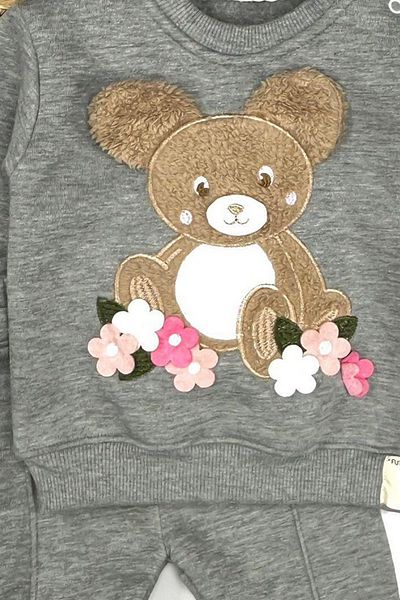 VALERY Baby Girl Teddy Bear Figured Flower Detailed Raised Gray Bottom-Top Set