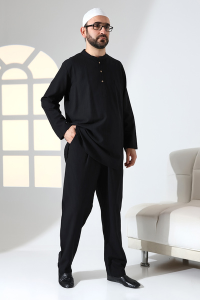 ihvan online Men's Single Pocket Prevailing Collar Shirt Pants Linen Double Suit Hajj Umrah Outfit - Black