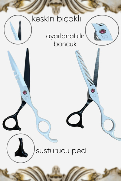 ESENLİWE 3 Parça Jaguar Deri Çantalı Boncuk Desenli Kuaför Berber İmaj Saç Kesim Makas Seti