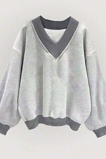 Trendseninle Kadın Lightgri Düz V Yakalı Oversize Sweatshirt